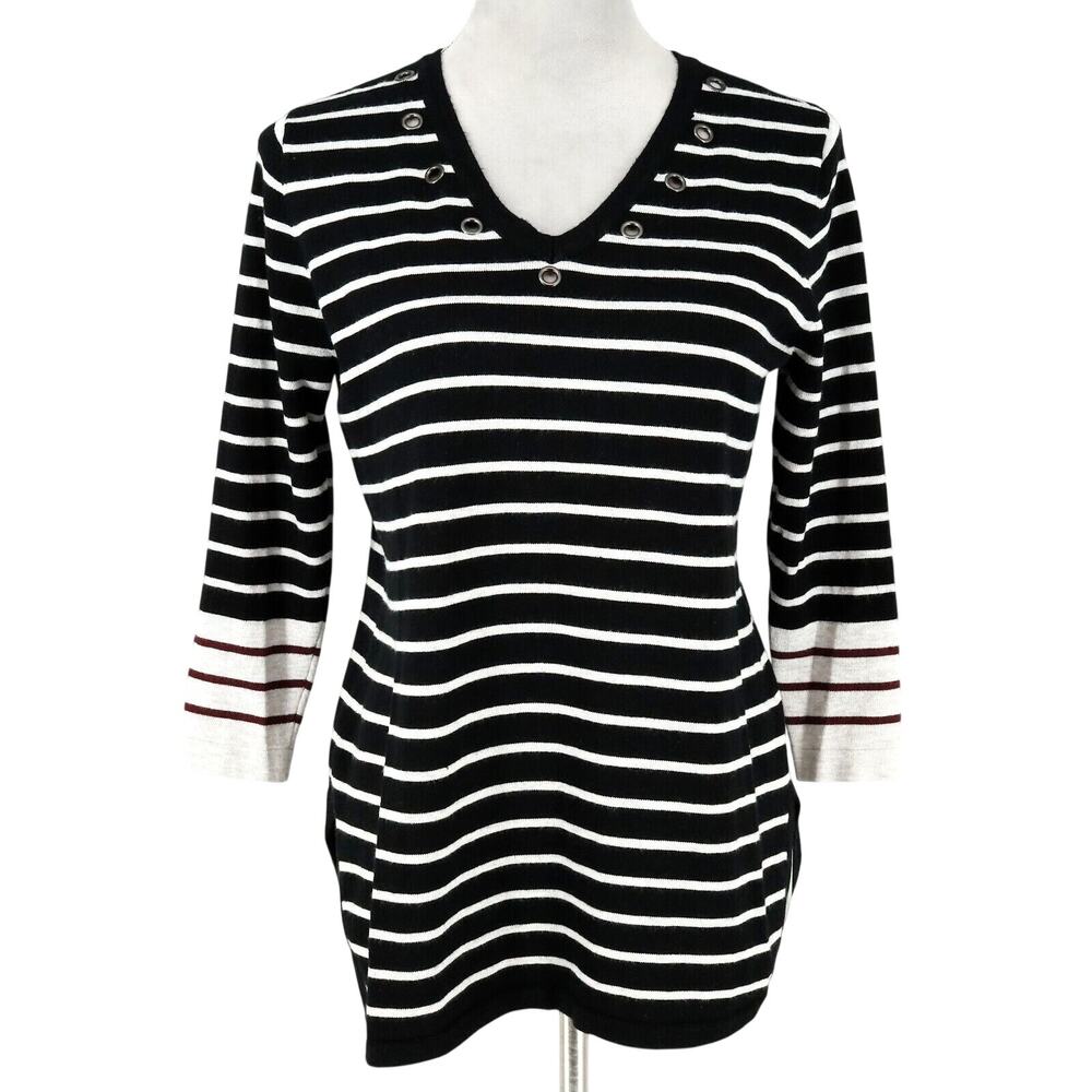 United States Sweater Womens Small Black White Stripe Tunic Grommet Neckline